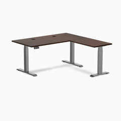 Desky Rubberwood L-Shape Sit Stand Desk, Dark Walnut desktop, Space Gray frame