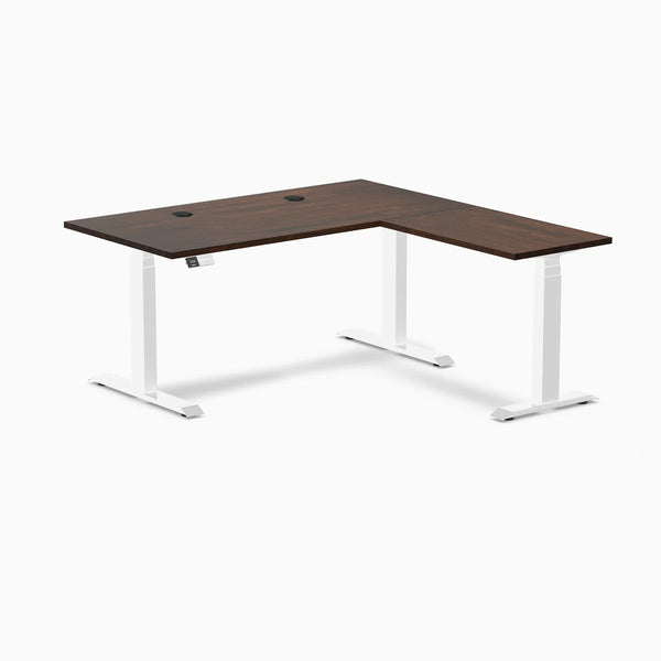 Desky Rubberwood L-Shape Sit Stand Desk, Dark Walnut desktop, White frame