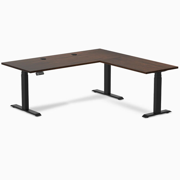 Desky Rubberwood L-Shape Sit Stand Desk, Dark Walnut desktop, Matte Black frame