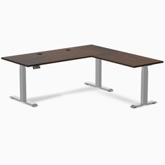 Desky Rubberwood L-Shape Sit Stand Desk, Dark Walnut desktop, Gray frame