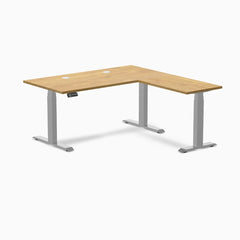 Desky Rubberwood L-Shape Sit Stand Desk, Light Oak desktop, Gray frame