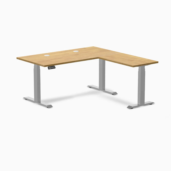 Desky Rubberwood L-Shape Sit Stand Desk, Light Oak desktop, Gray frame
