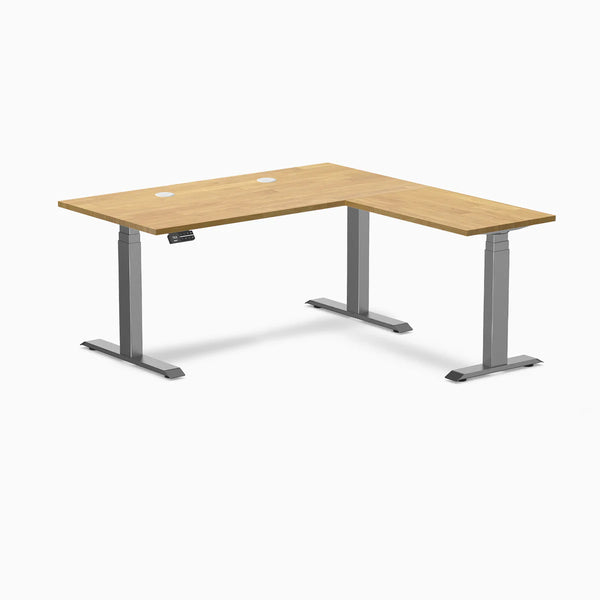 Desky Rubberwood L-Shape Sit Stand Desk, Light Oak desktop, Space Gray frame