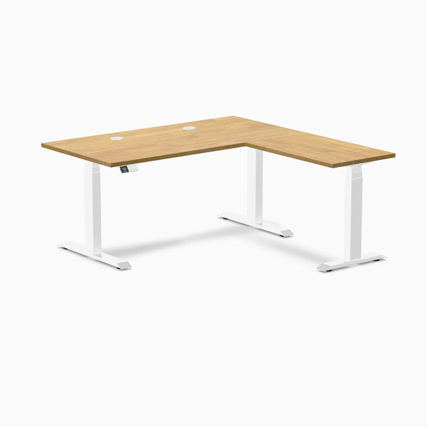 Desky Rubberwood L-Shape Sit Stand Desk, Light Oak desktop, White frame