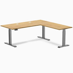 Desky Rubberwood L-Shape Sit Stand Desk, Light Oak desktop, Space Gray frame