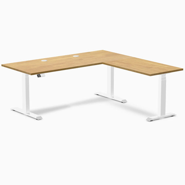 Desky Rubberwood L-Shape Sit Stand Desk, Light Oak desktop, White frame