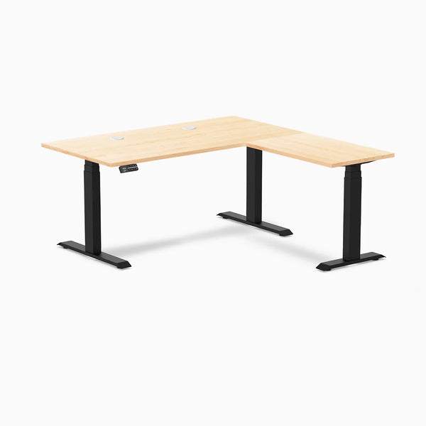 Desky Hardwood L-Shape Sit Stand Desk, Maple desktop, Matte Black frame
