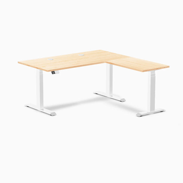 Desky Hardwood L-Shape Sit Stand Desk, Maple desktop, White frame