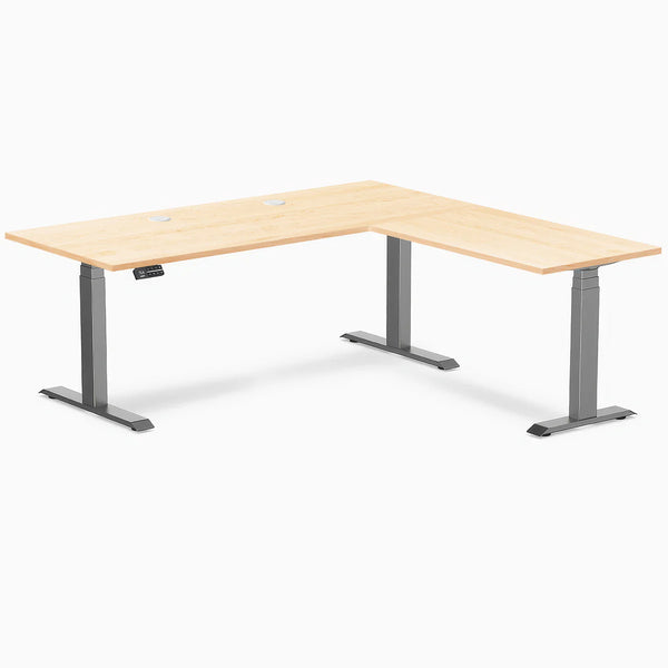 Desky Hardwood L-Shape Sit Stand Desk, Maple desktop, Space Gray frame