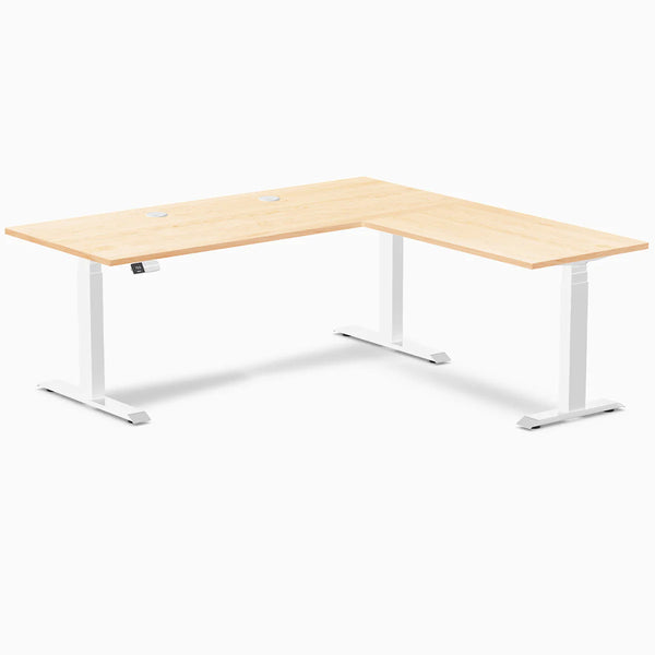 Desky Hardwood L-Shape Sit Stand Desk, Maple desktop, White frame