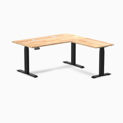 Desky Rubberwood L-Shape Sit Stand Desk, Natural Timber desktop, Matte Black frame