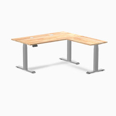 Desky Rubberwood L-Shape Sit Stand Desk, Natural Timber desktop, Gray frame
