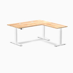 Desky Rubberwood L-Shape Sit Stand Desk, Natural Timber desktop, White frame