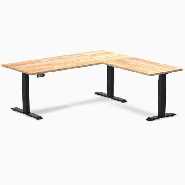 Desky Rubberwood L-Shape Sit Stand Desk, Natural Timber desktop, Matte Black frame