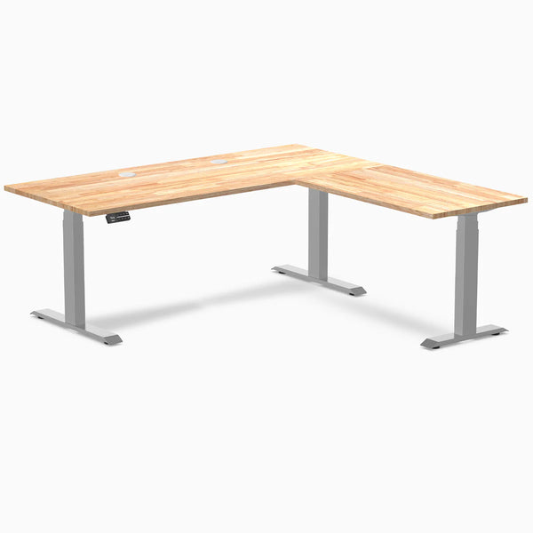 Desky Rubberwood L-Shape Sit Stand Desk, Natural Timber desktop, Gray frame