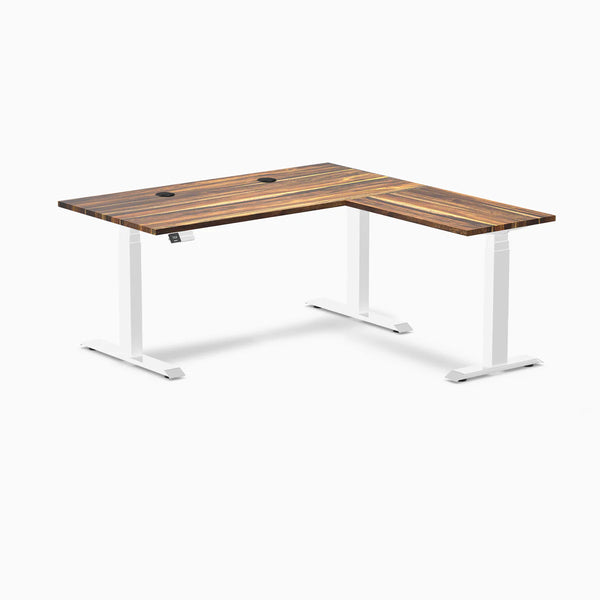 Desky Hardwood L-Shape Sit Stand Desk, Pheasantwood desktop, White frame