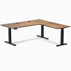 Desky Hardwood L-Shape Sit Stand Desk, Pheasantwood desktop, Matte Black frame