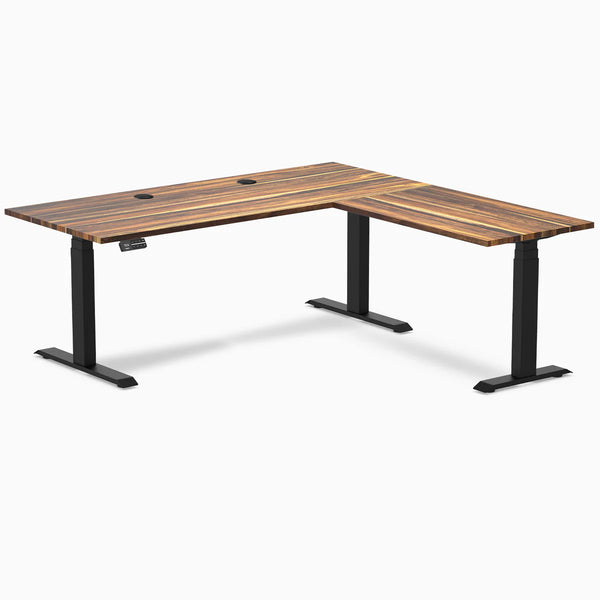 Desky Hardwood L-Shape Sit Stand Desk, Pheasantwood desktop, Matte Black frame