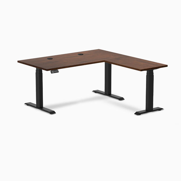 Desky Rubberwood L-Shape Sit Stand Desk, Red Walnut desktop, Matte Black frame