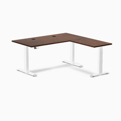Desky Rubberwood L-Shape Sit Stand Desk, Red Walnut desktop, White frame