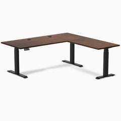 Desky Rubberwood L-Shape Sit Stand Desk, Red Walnut desktop, Matte Black frame
