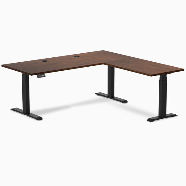 Desky Rubberwood L-Shape Sit Stand Desk, Red Walnut desktop, Matte Black frame