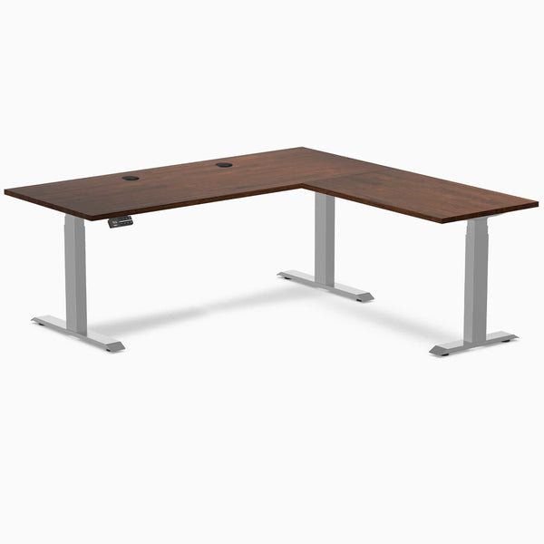 Desky Rubberwood L-Shape Sit Stand Desk, Red Walnut desktop, Gray frame