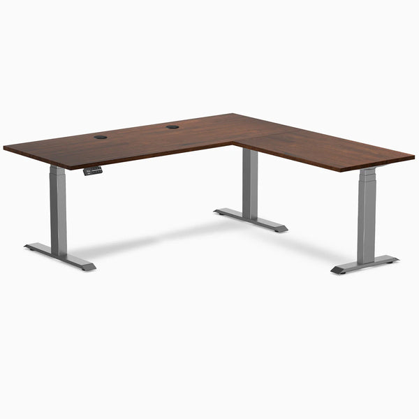 Desky Rubberwood L-Shape Sit Stand Desk, Red Walnut desktop, Space Gray frame