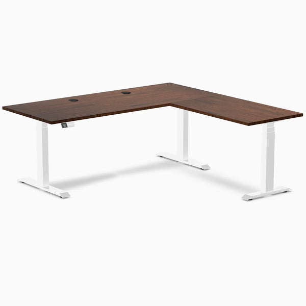 Desky Rubberwood L-Shape Sit Stand Desk, Red Walnut desktop, White frame