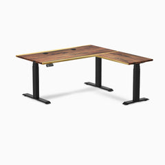 Desky Hardwood L-Shape Sit Stand Desk, Saman desktop, Matte Black frame