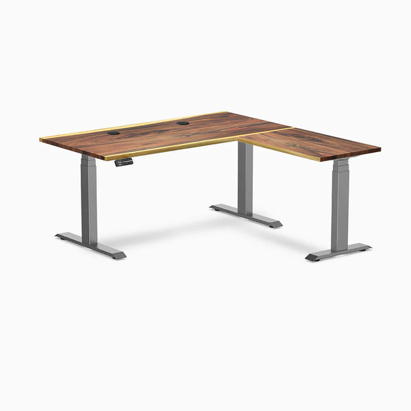 Desky Hardwood L-Shape Sit Stand Desk, Saman desktop, Space Gray frame