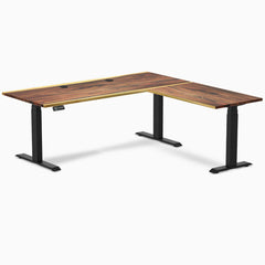 Desky Hardwood L-Shape Sit Stand Desk, Saman desktop, Matte Black frame