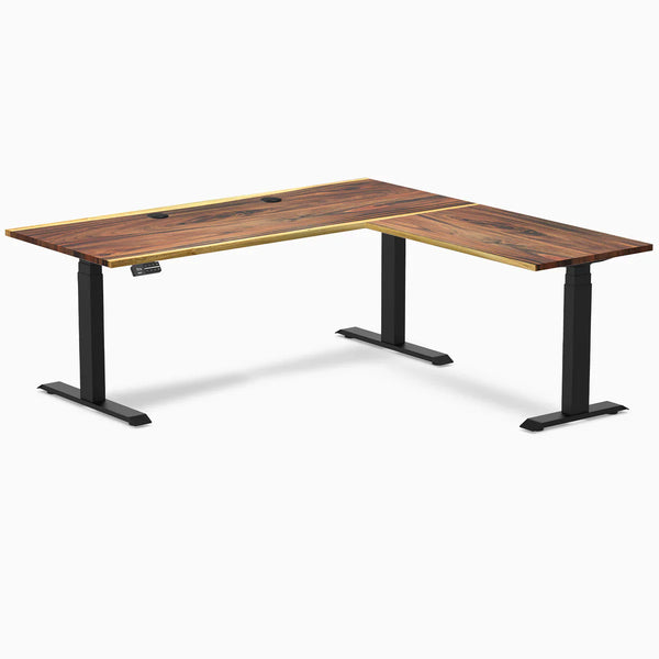 Desky Hardwood L-Shape Sit Stand Desk, Saman desktop, Matte Black frame