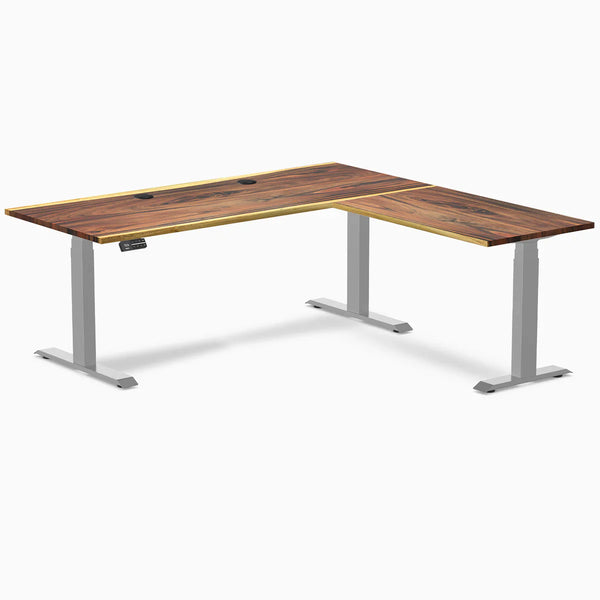Desky Hardwood L-Shape Sit Stand Desk, Saman desktop, Gray frame