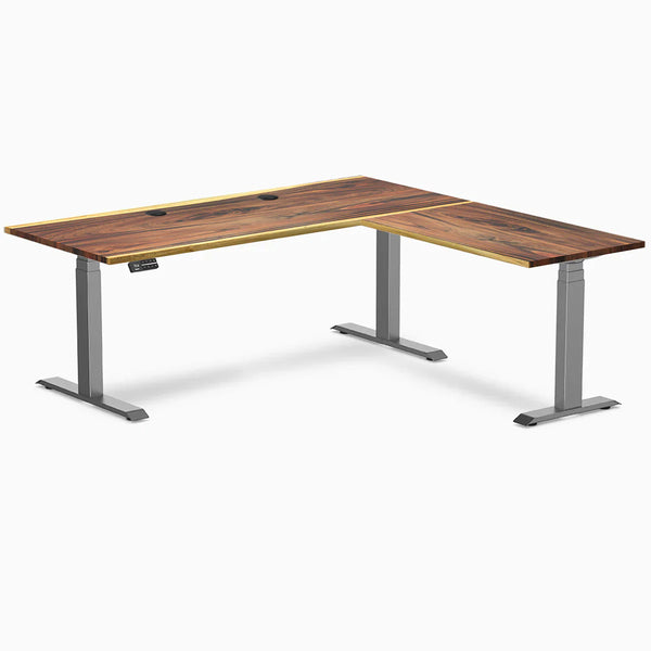 Desky Hardwood L-Shape Sit Stand Desk, Saman desktop, Space Gray frame