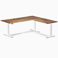 Desky Hardwood L-Shape Sit Stand Desk, Saman desktop, White frame