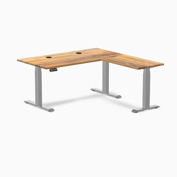 Desky Hardwood L-Shape Sit Stand Desk, Teak desktop, Gray frame