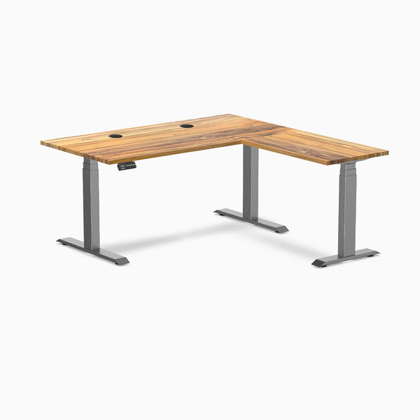 Desky Hardwood L-Shape Sit Stand Desk, Teak desktop, Space Gray frame