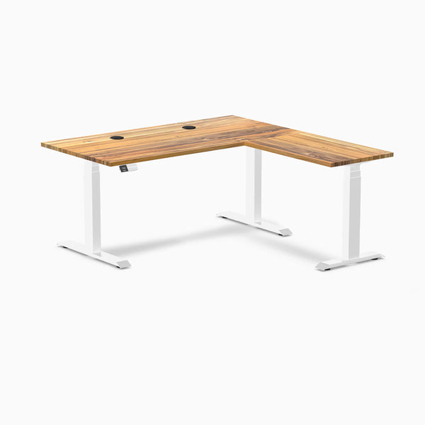 Desky Hardwood L-Shape Sit Stand Desk, Teak desktop, White frame