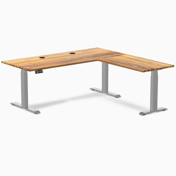 Desky Hardwood L-Shape Sit Stand Desk, Teak desktop, Gray frame