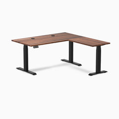 Desky Hardwood L-Shape Sit Stand Desk, Walnut desktop, Matte Black frame