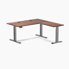Desky Hardwood L-Shape Sit Stand Desk, Walnut desktop, Space Gray frame
