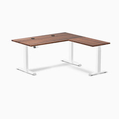 Desky Hardwood L-Shape Sit Stand Desk, Walnut desktop, White frame