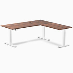 Desky Hardwood L-Shape Sit Stand Desk, Walnut desktop, White frame