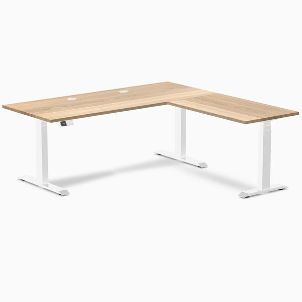 Desky Hardwood L-Shape Sit Stand Desk, White Ash desktop, White frame