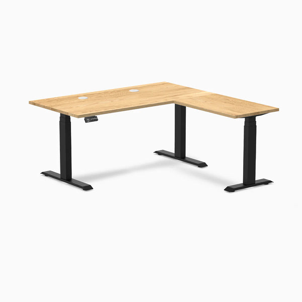 Desky Hardwood L-Shape Sit Stand Desk, White Oak desktop, Matte Black frame