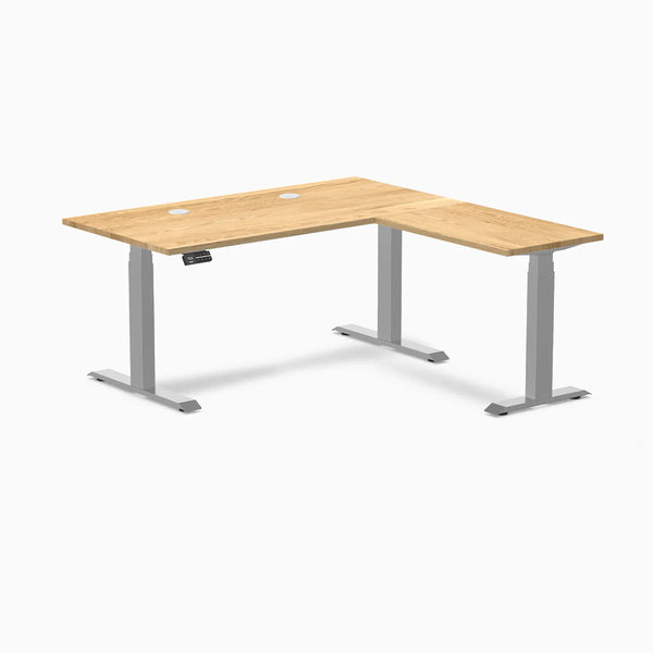 Desky Hardwood L-Shape Sit Stand Desk, White Oak desktop, Gray frame