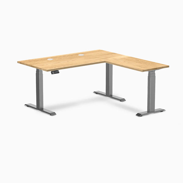 Desky Hardwood L-Shape Sit Stand Desk, White Oak desktop, Space Gray frame