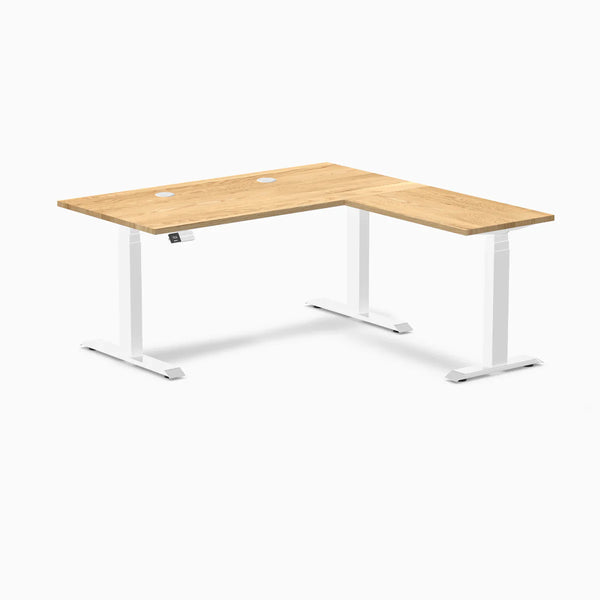 Desky Hardwood L-Shape Sit Stand Desk, White Oak desktop, White frame