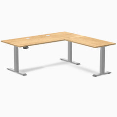 Desky Hardwood L-Shape Sit Stand Desk, White Oak desktop, Gray frame